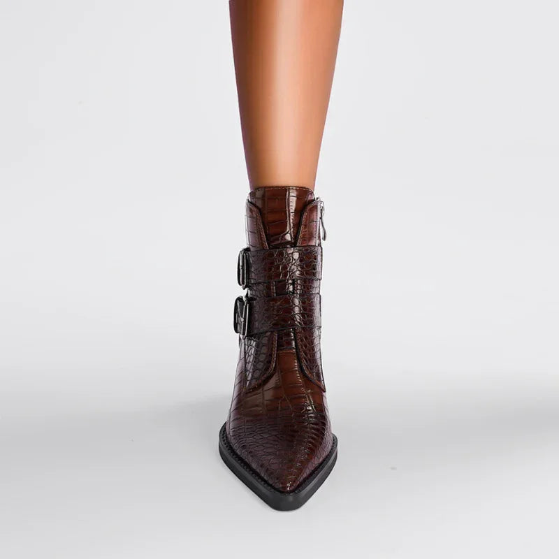 Brown crocodile-embossed ankle boot with double buckle, pointed toe, Rovelli fashion