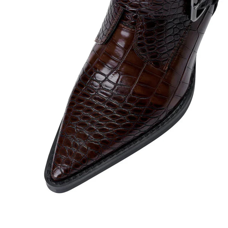 Rovelli brown crocodile pattern pointed ankle boot with buckle detail