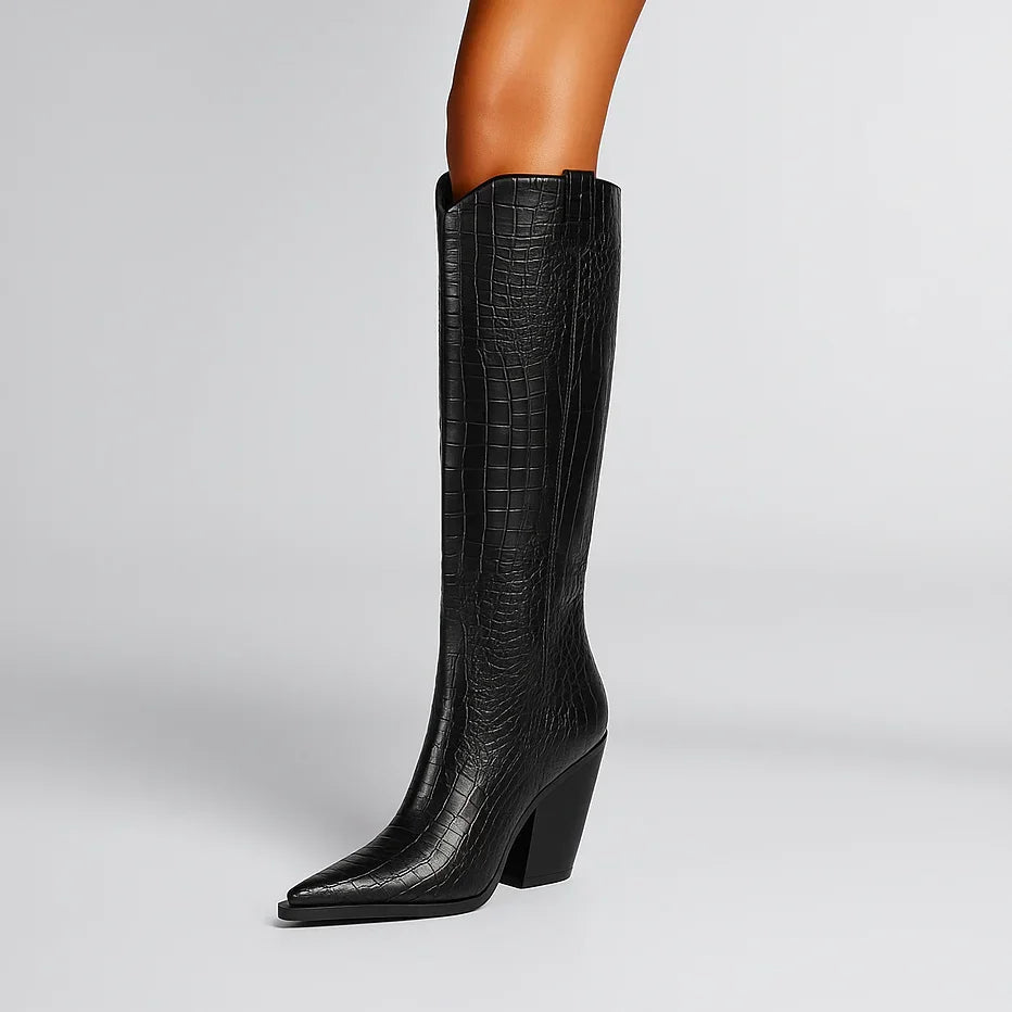 Rovelli black crocodile-embossed knee-high leather boots with block heel on model