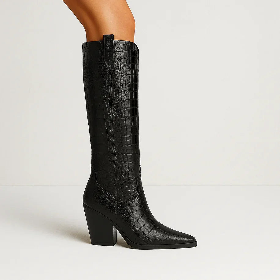 Rovelli black knee-high leather boots with crocodile texture and block heel