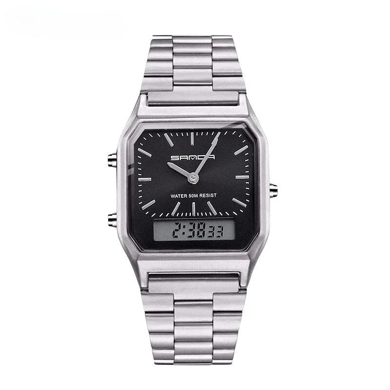 A silver stainless steel waterproof sports watch with a black face, analog clock hands, and a small rectangular digital dual display showing “21:03”. The Luxury G Style Sanda brand is visible on the face.