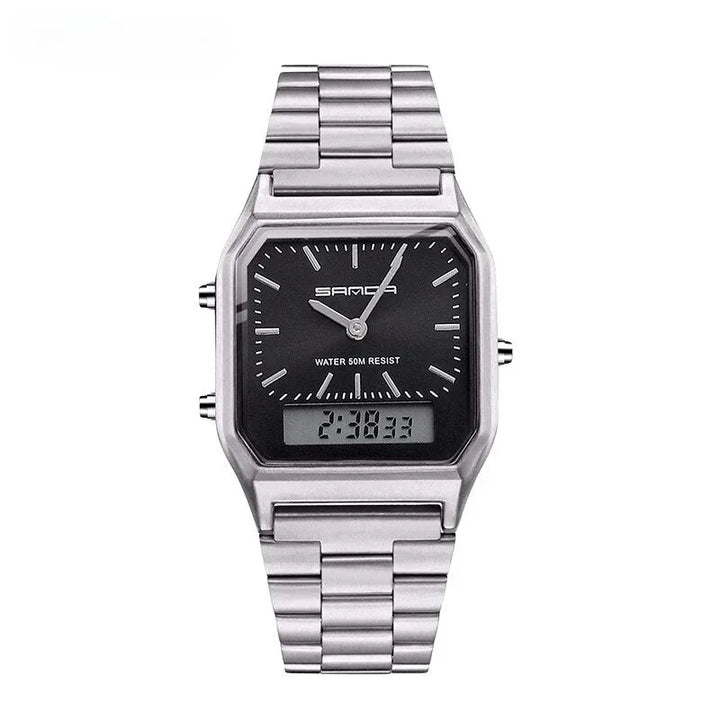 A silver stainless steel waterproof sports watch with a black face, analog clock hands, and a small rectangular digital dual display showing “21:03”. The Luxury G Style Sanda brand is visible on the face.