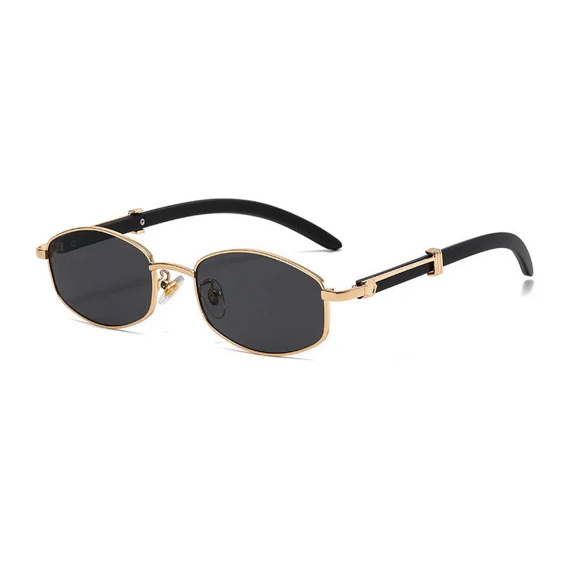 A pair of vintage-inspired sunglasses with thin gold-tone oval frames, black lenses offering UV400 protection, and black arms featuring gold accent details near the hinges.