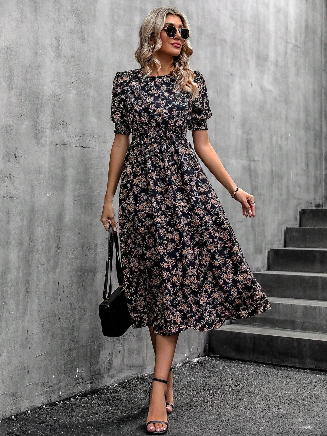Alassio Floral Midi Dress - Black