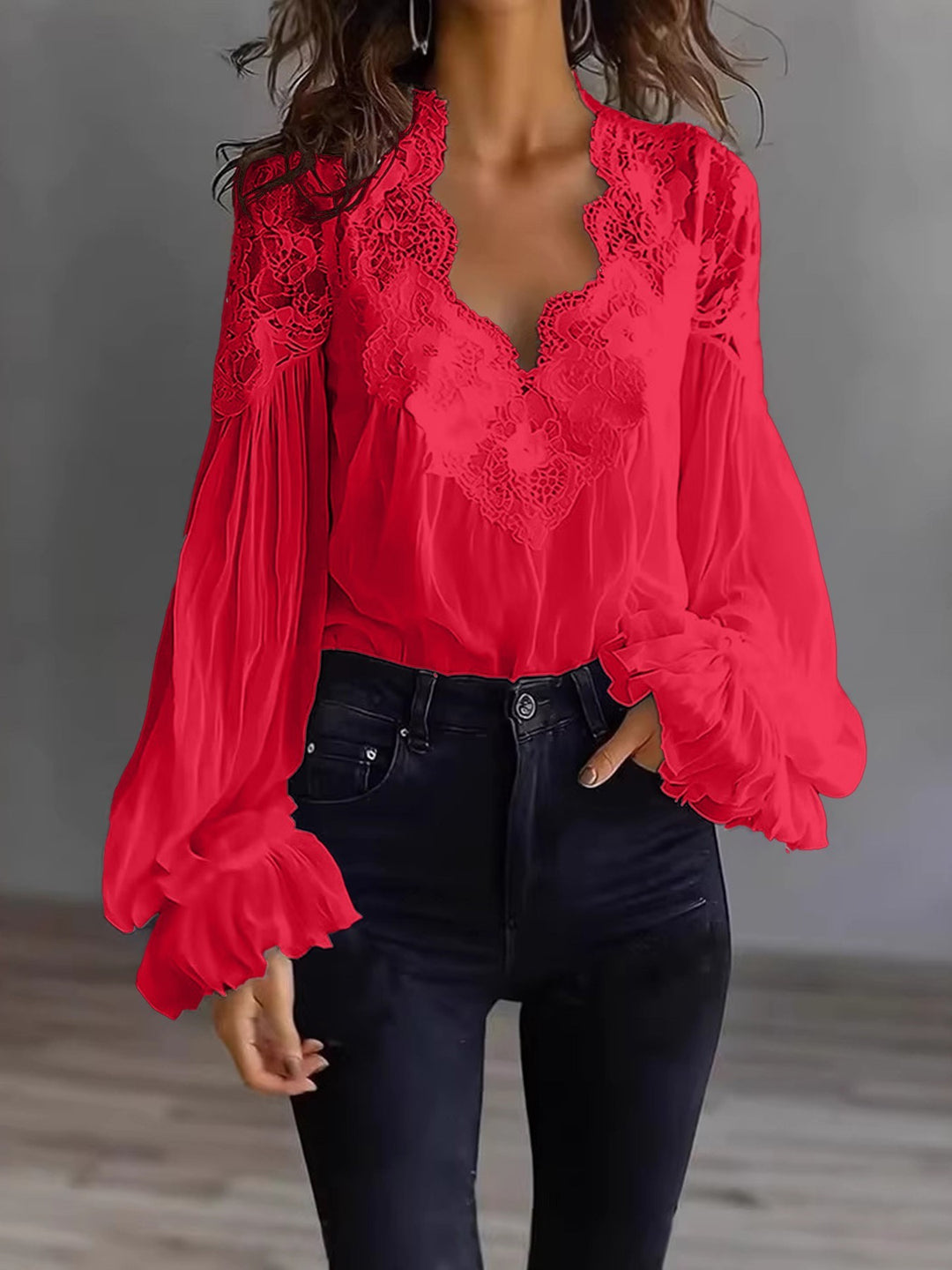 Aosta Lace Puff Blouse - Crimson
