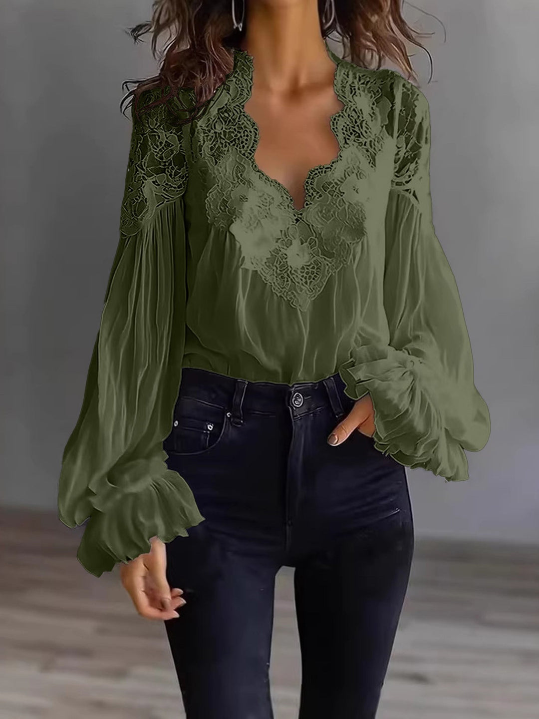 Aosta Lace Puff Blouse - Olive