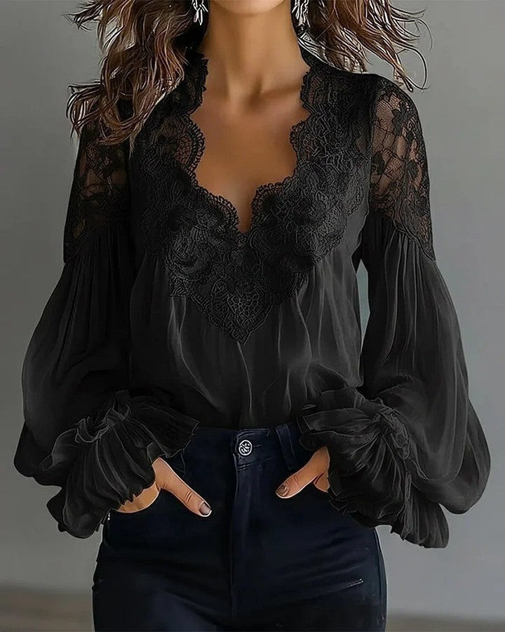 Aosta Lace Puff Blouse - Onyx Black