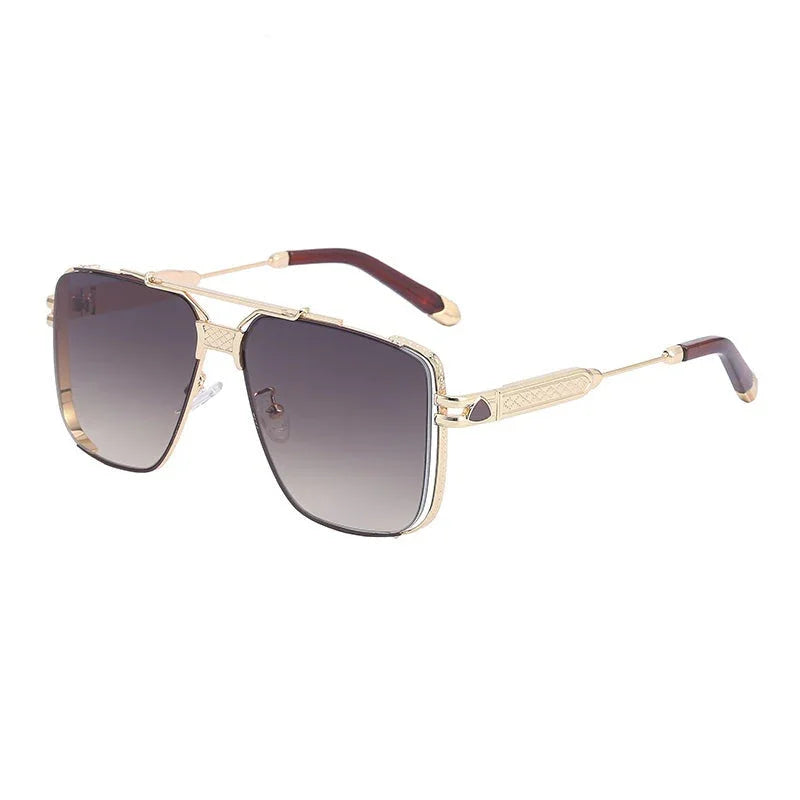Gold-framed, square aviator vintage sunglasses with dark gradient lenses and brown-tipped temple arms, featuring UV400 protection, displayed on a white background.