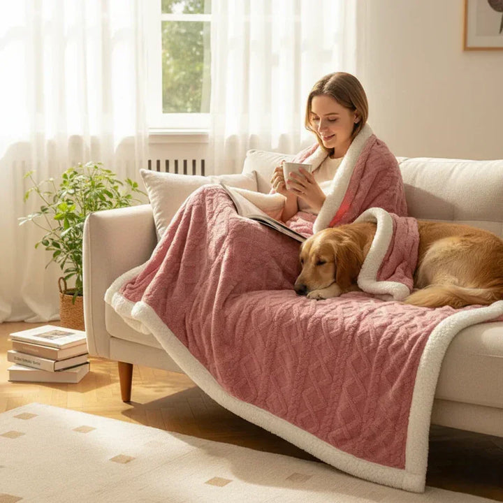 Woman relaxing on sofa with pink Rovelli blanket and dog, cozy living room setting