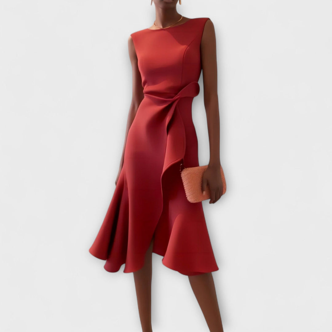 Calabria Draped Asymmetric Midi Dress - Scarlet