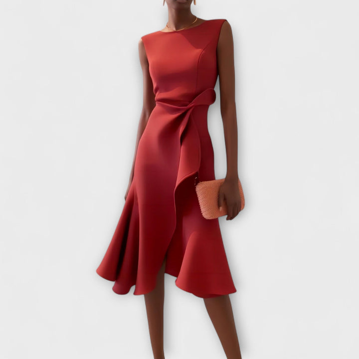 Calabria Draped Asymmetric Midi Dress - Scarlet