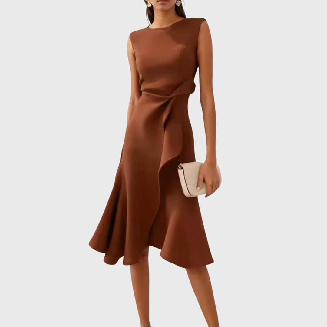 Calabria Draped Asymmetric Midi Dress - Espresso