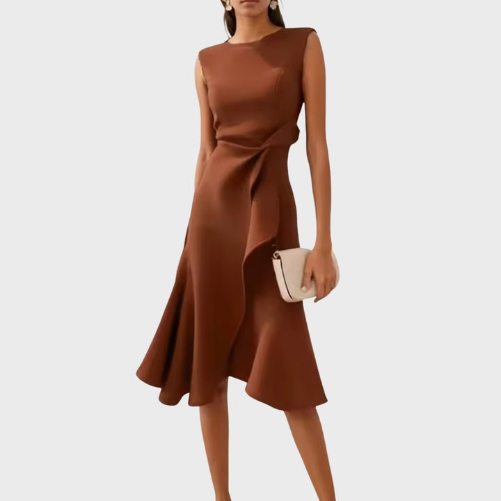 Calabria Draped Asymmetric Midi Dress - Espresso