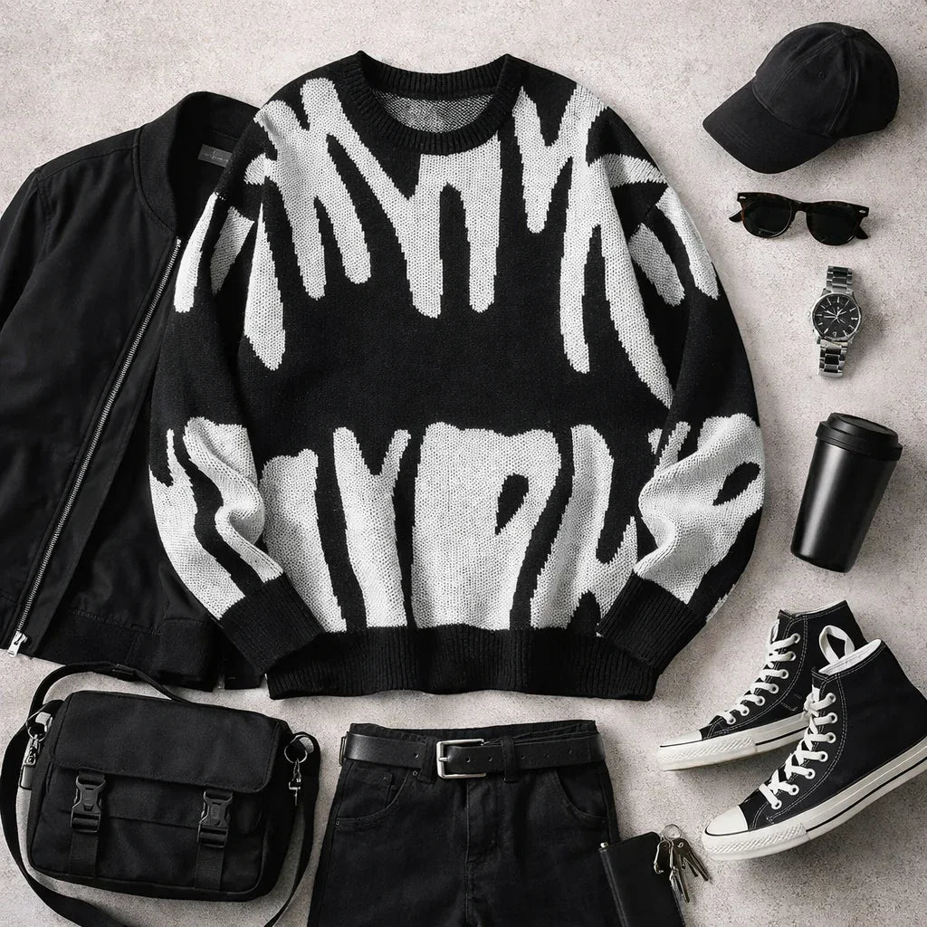 Flat lay of Rovelli black and white graphic sweater, jacket, jeans, sneakers, bag, and accessories