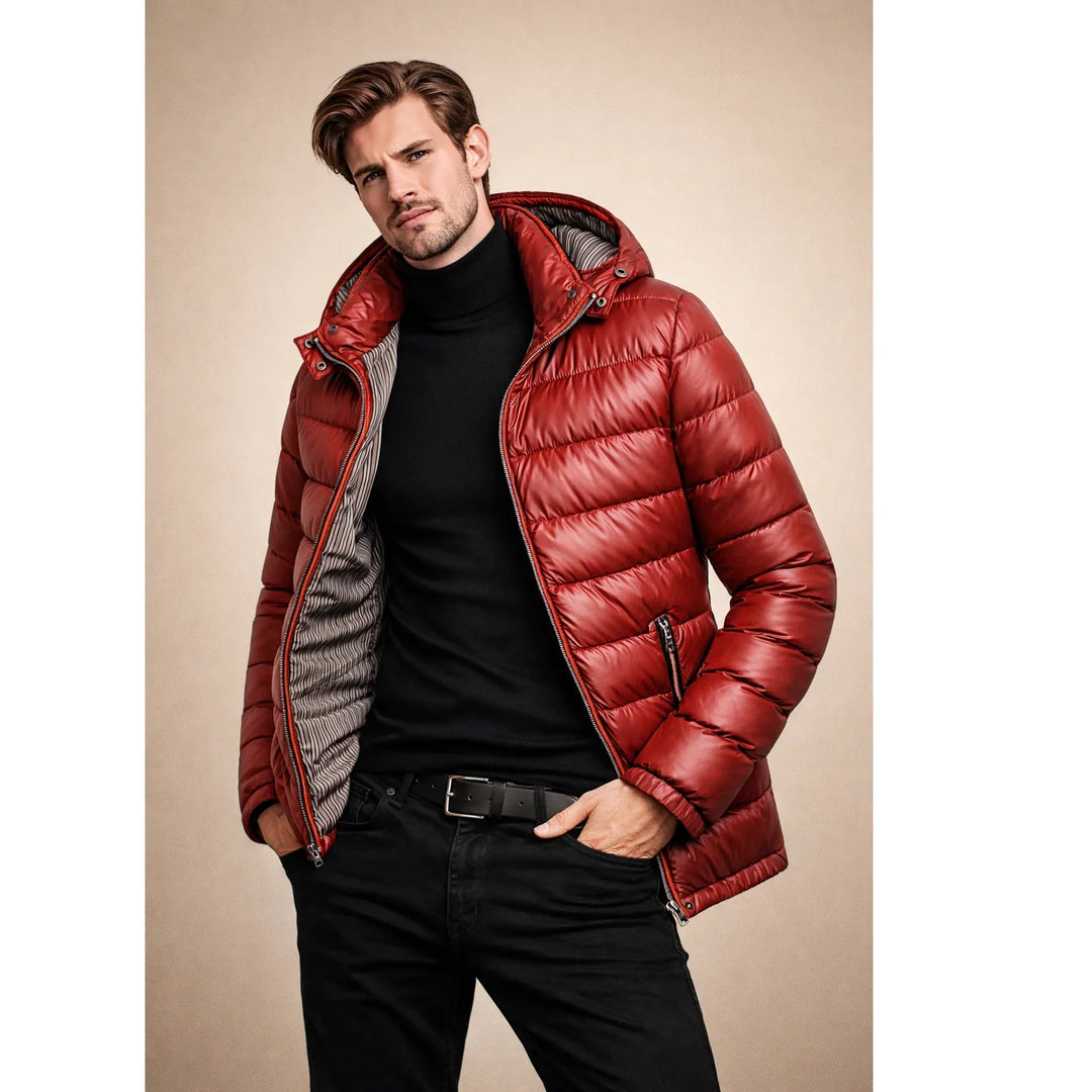 Man wearing stylish red puffer jacket by Rovelli, black turtleneck and jeans, neutral background