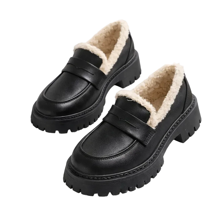 Rovelli black leather loafers with chunky soles and cream faux fur lining