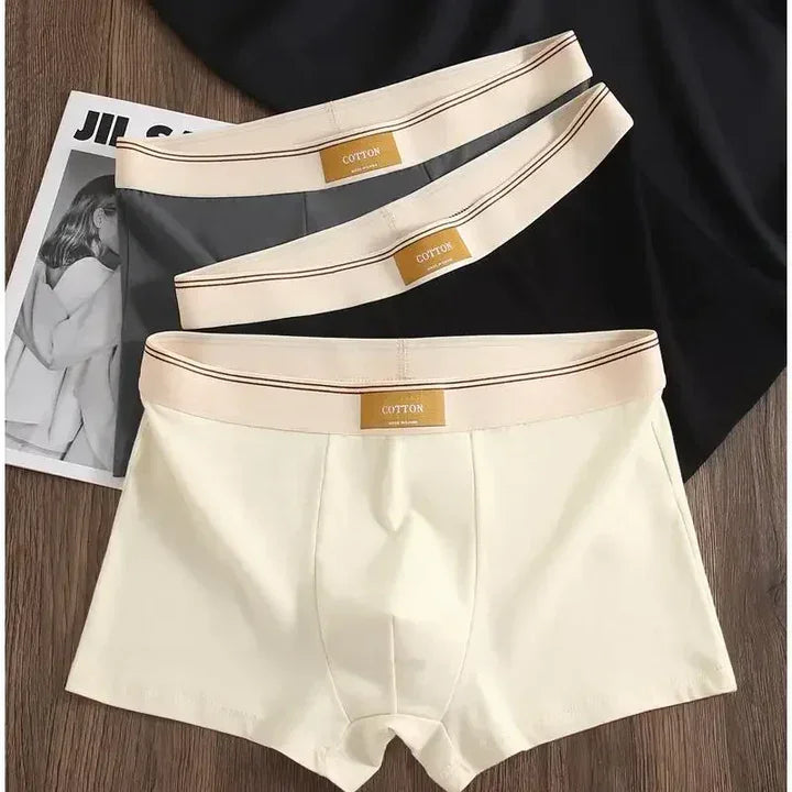 Rovelli cotton men's boxer briefs in black, gray, and cream on wooden surface
