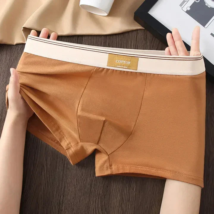 Rovelli men's cotton boxer briefs in tan with white waistband, displayed on wood table