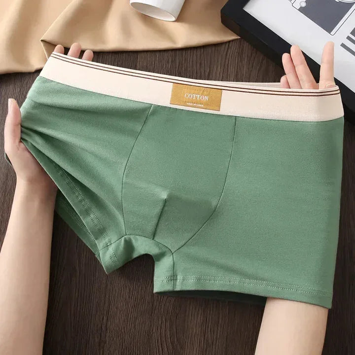 Rovelli green cotton men's boxer briefs with beige waistband displayed on wooden table