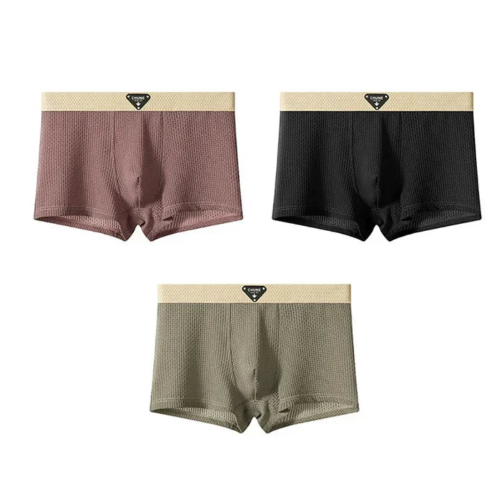 Rovelli men's boxer briefs trio in brown, black, and olive with beige waistbands