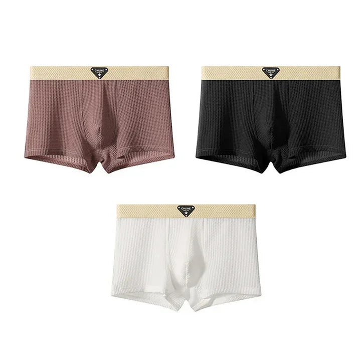 Rovelli men's boxer briefs three-pack in brown, black, and white with beige waistbands