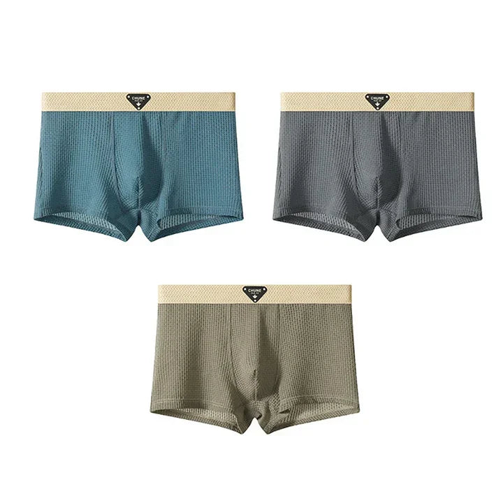 Rovelli men's boxer briefs set in blue, gray, and khaki with beige waistband 