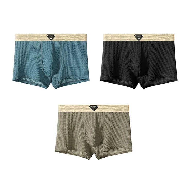 Rovelli men's boxer briefs in blue, black, and olive with beige waistband, 3-pack