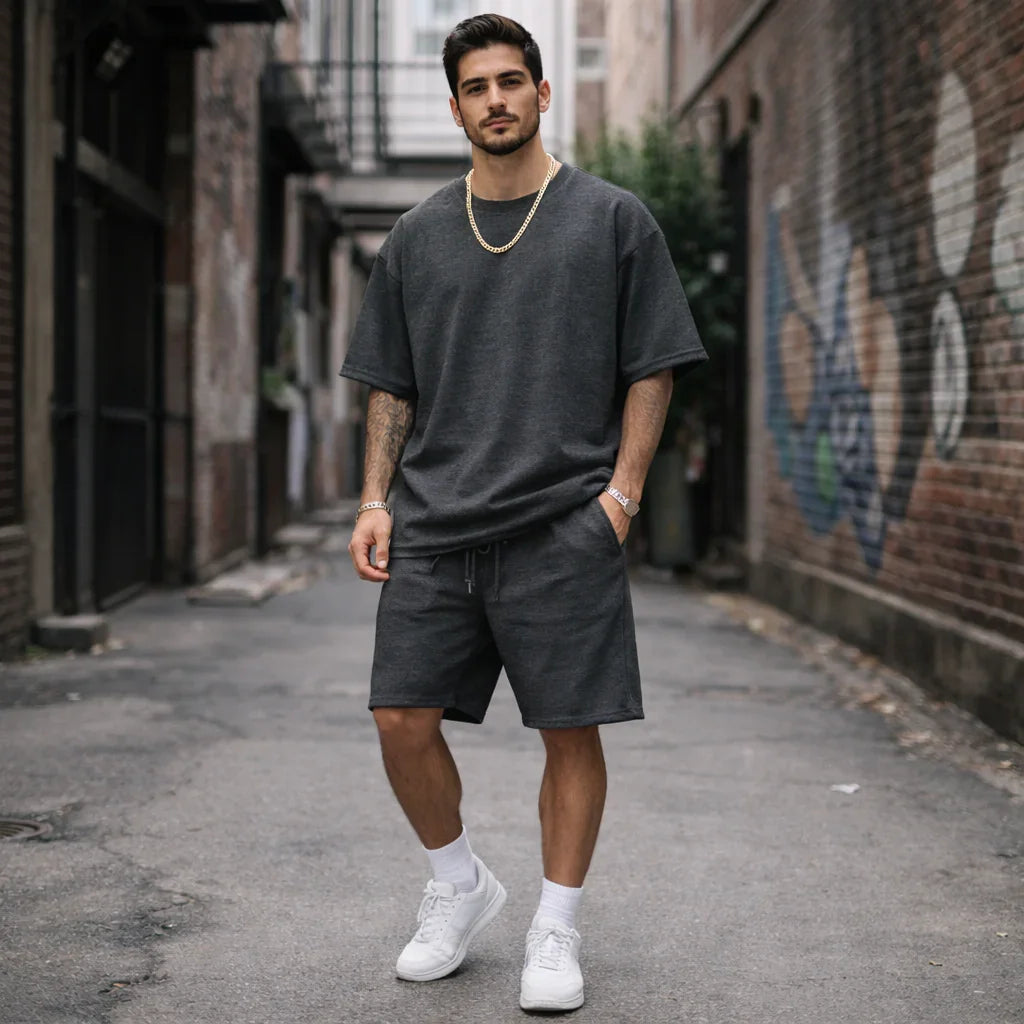 Rovelli casual streetwear set, man in dark gray t-shirt and shorts, urban alley backdrop