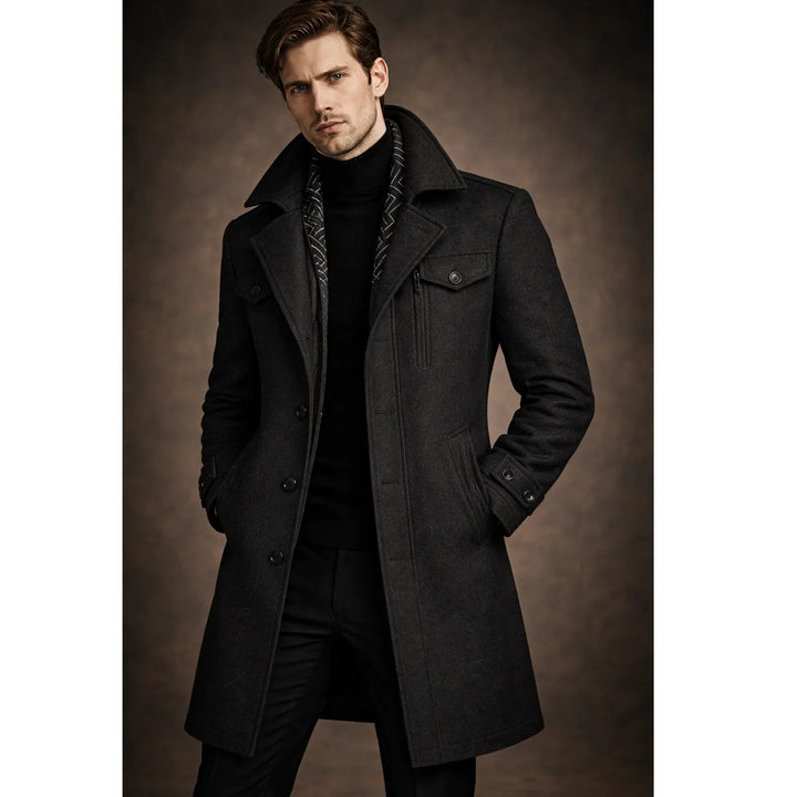 Rovelli elegant men's dark wool overcoat with wide collar and button details
