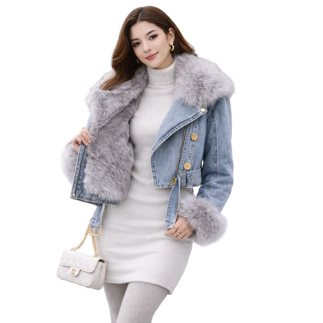 Woman in denim fur jacket, white turtleneck sweater dress, holding quilted bag, Rovelli fashion.