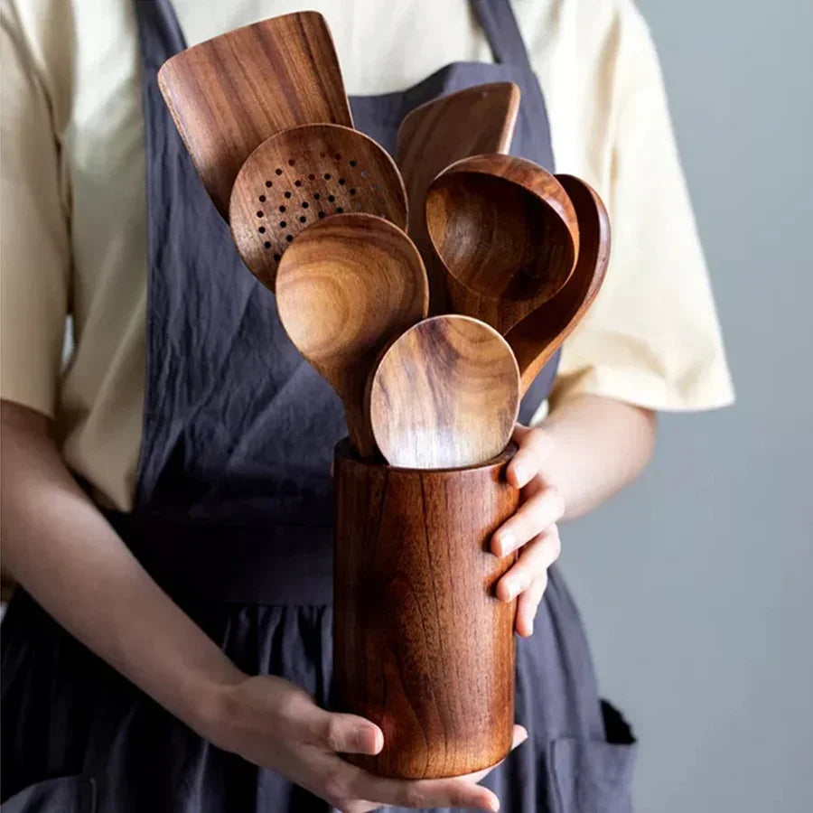 Elegant teak wooden utensil set in holder, sustainable kitchenware by Rovelli