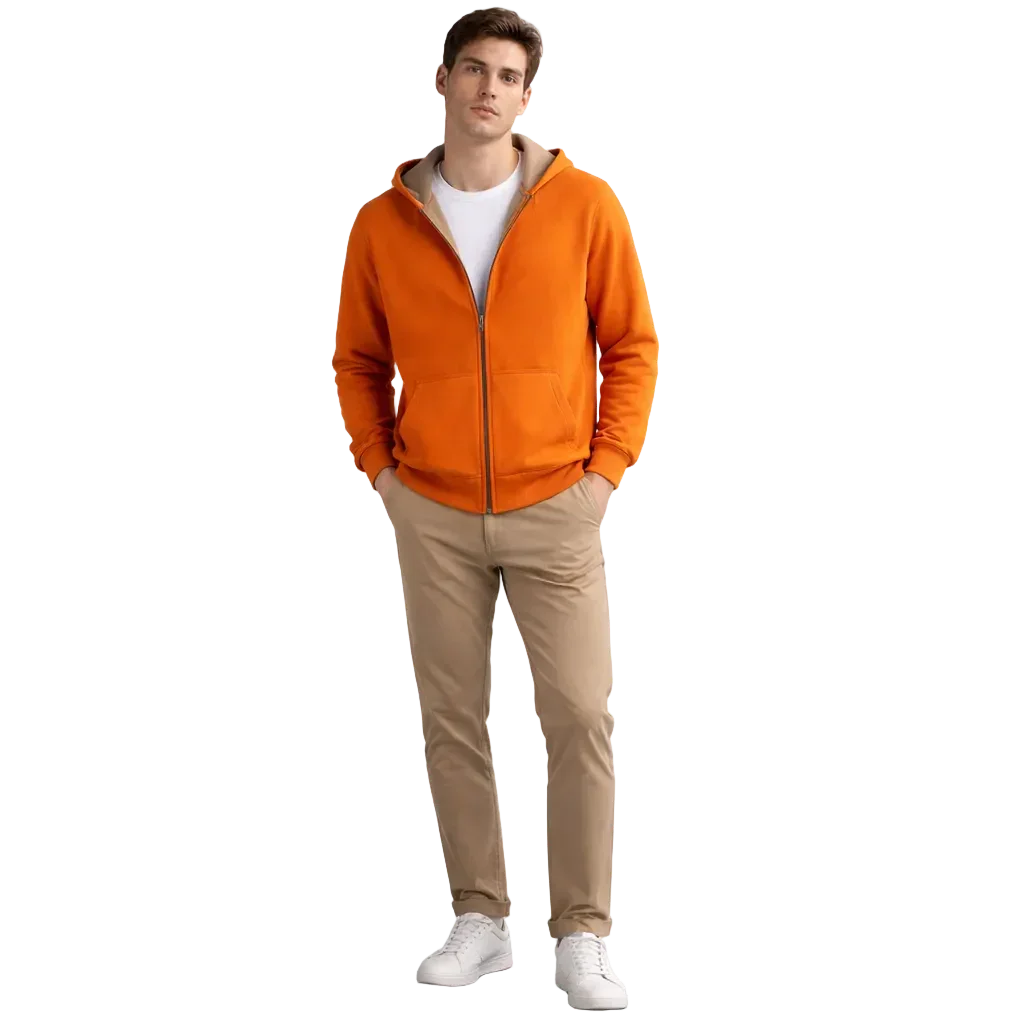 Man wearing orange zip hoodie, beige pants, white sneakers, Rovelli casual menswear