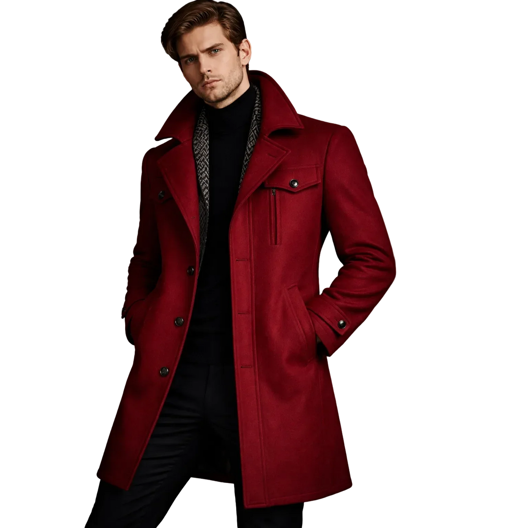 Man wearing stylish red wool coat by Rovelli, black turtleneck, luxury fashion