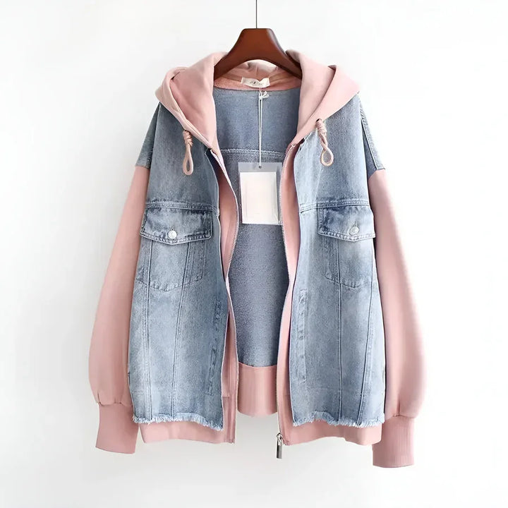 Rovelli pink hoodie jacket with blue denim vest and front pockets on hanger