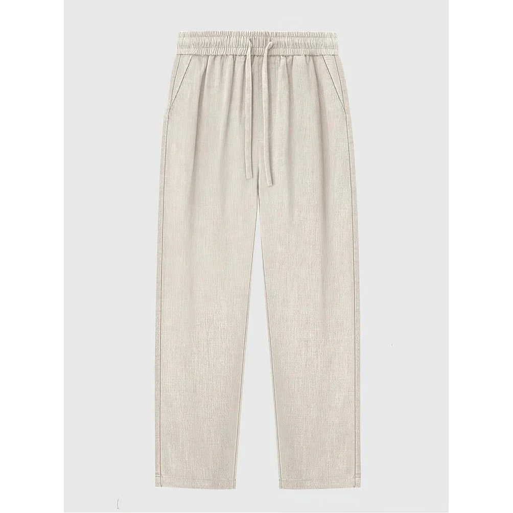 Rovelli beige linen drawstring pants with side pockets on white background