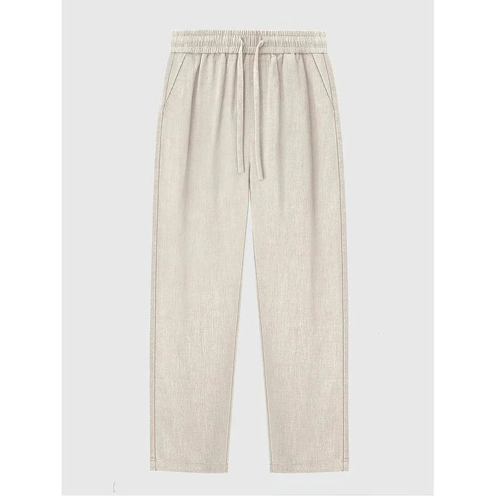 Rovelli beige linen drawstring pants with side pockets on white background