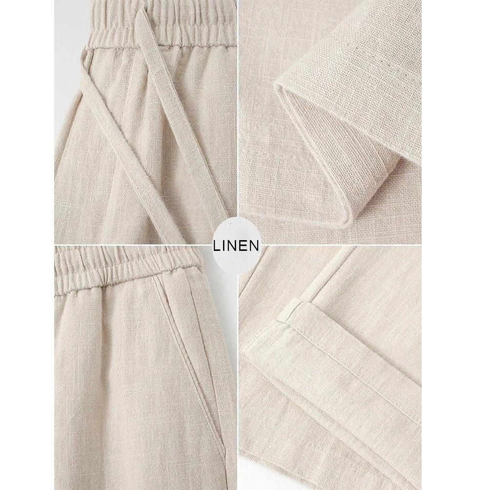 Beige linen pants close up, Rovelli clothing fabric details and elastic waistband