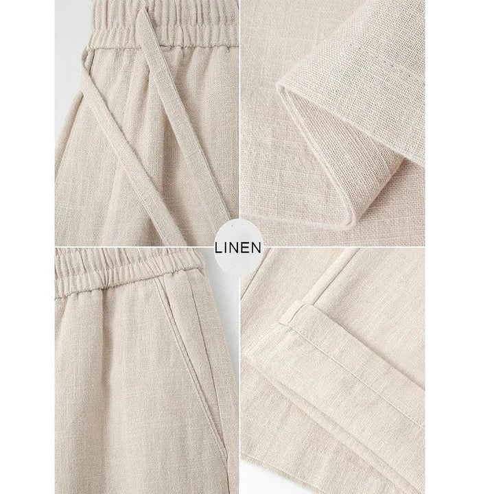 Beige linen pants close up, Rovelli clothing fabric details and elastic waistband