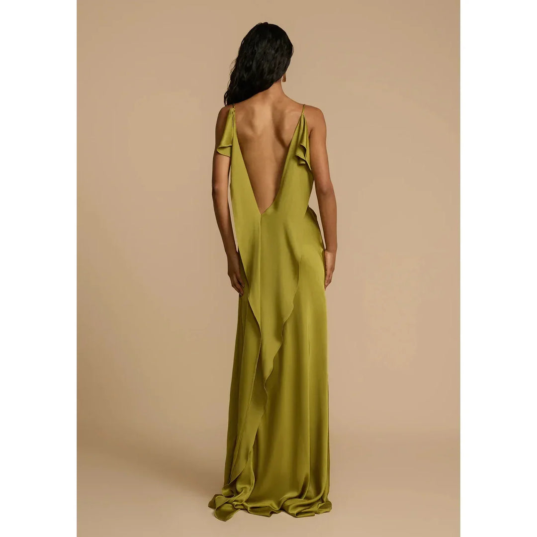 Rovelli Odessa Dress in olive green with deep V-back and ruffle details, back view