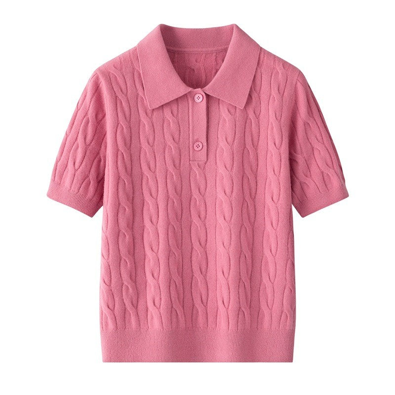 Lucerne 100% Cashmere Cable Knit Polo - Blush Pink