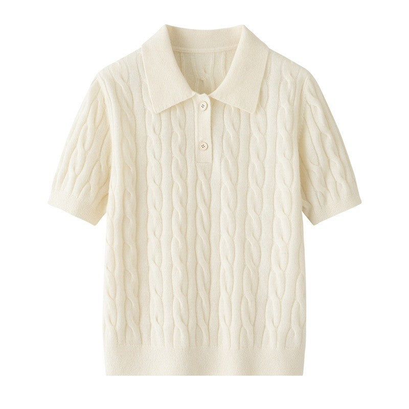 Lucerne 100% Cashmere Cable Knit Polo - Cream