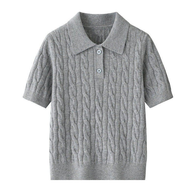 Lucerne 100% Cashmere Cable Knit Polo - Heather Grey