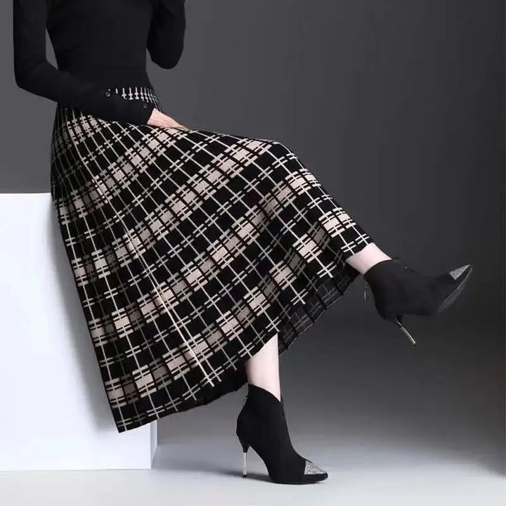 Lugano Plaid Wool Midi Skirt - Nocturne Beige Plaid