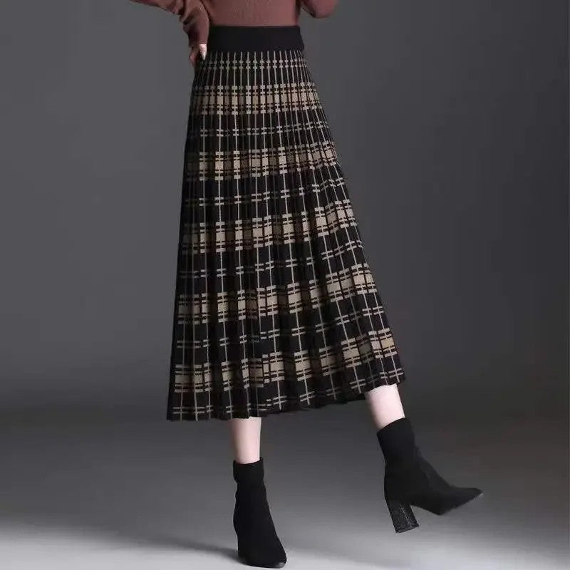 Lugano Plaid Wool Midi Skirt - Nocturne Espresso Plaid