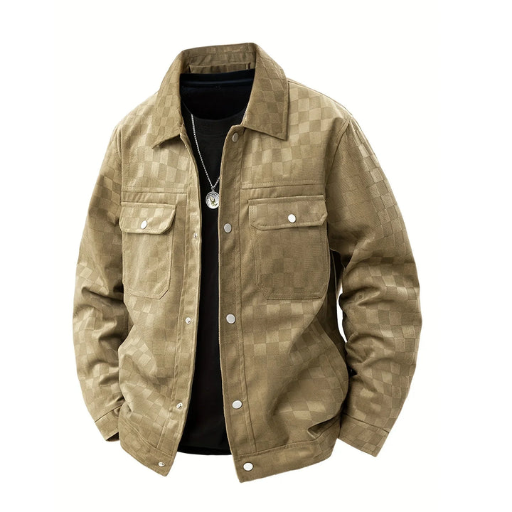 Rovelli beige checkered jacket with snap buttons and two front pockets on white background