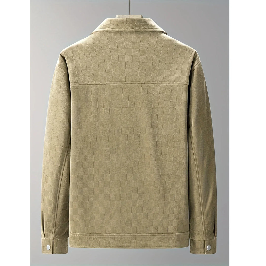 Rovelli beige checkered jacket with button cuffs, back view on neutral background