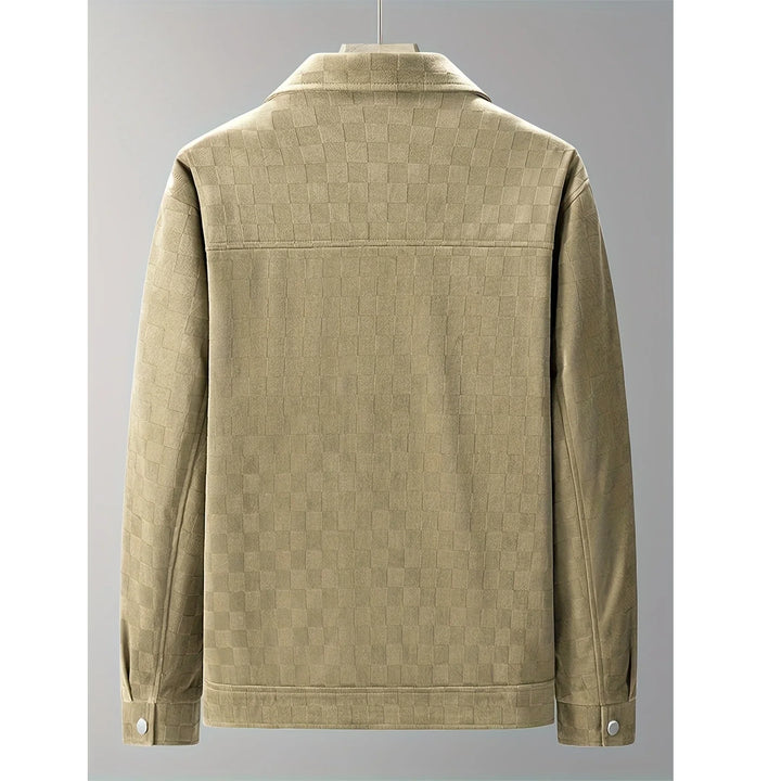 Rovelli beige checkered jacket with button cuffs, back view on neutral background