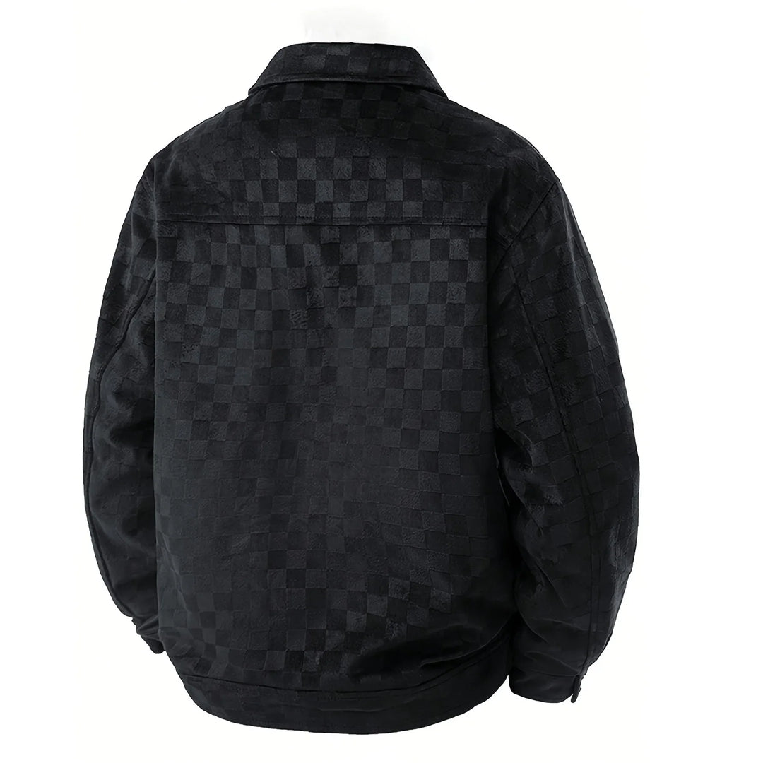 Rovelli black checkered suede jacket, back view, stylish textured outerwear