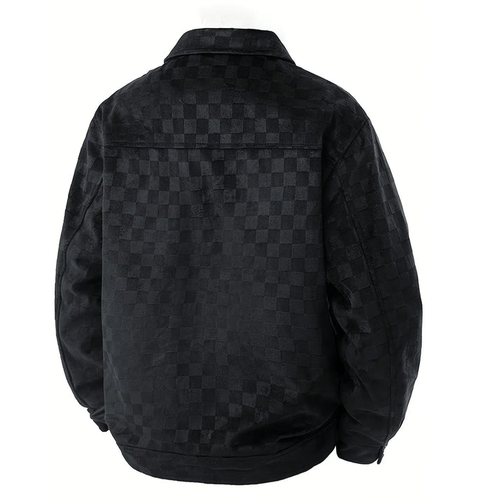 Rovelli black checkered suede jacket, back view, stylish textured outerwear