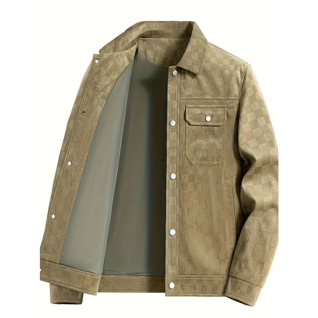 Rovelli tan checkered suede jacket with snap buttons and chest pocket, front open